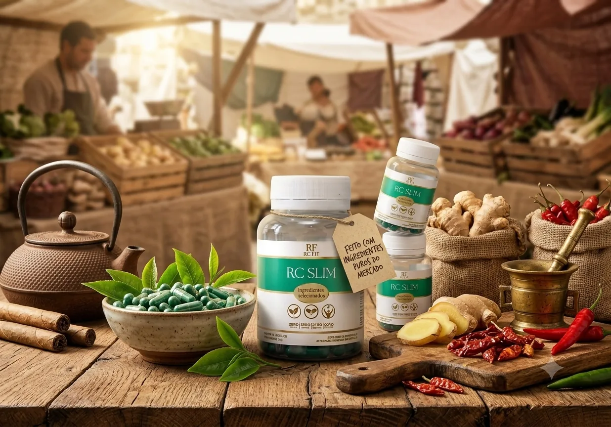 Potes de RC Slim em uma mesa de cozinha com ervas, chá e ingredientes frescos