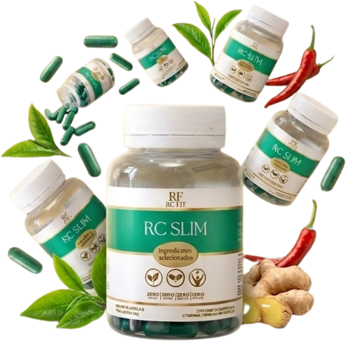 Composição com potes de RC Slim, cápsulas, gengibre e folhas